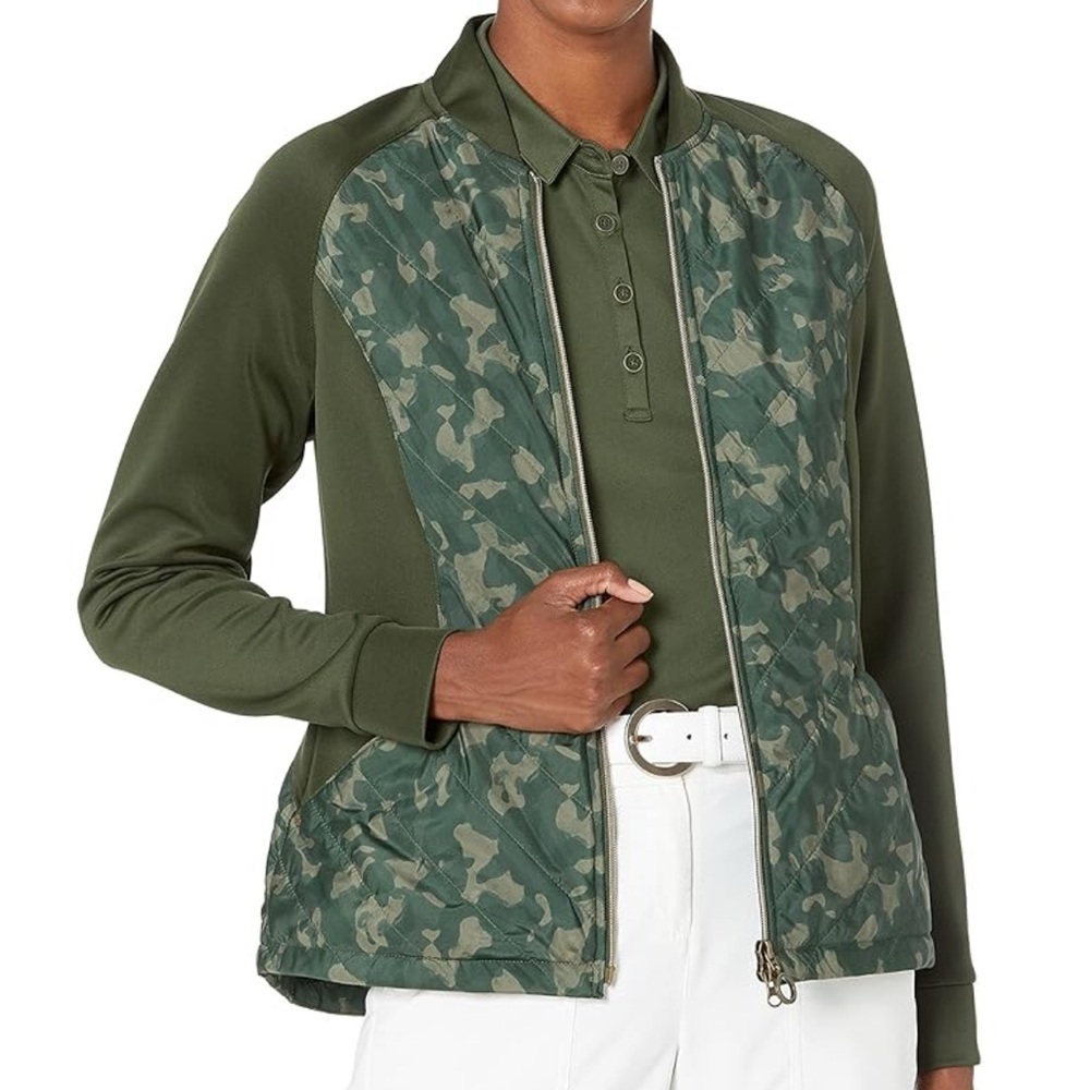 GREG NORMAN GU GREEN CAMOUFLAGE FULL ZIP QUILTED CIRE JACKET SZ SMALL NWT